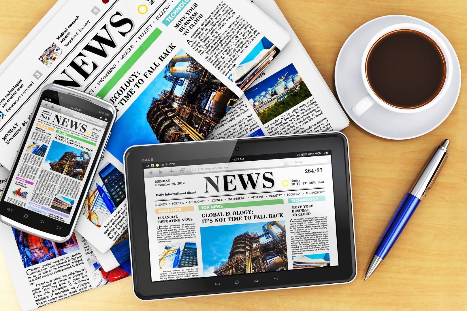 Creative business corporate work concept: tablet computer PC, modern black glossy touchscreen smartphone with news internet web 