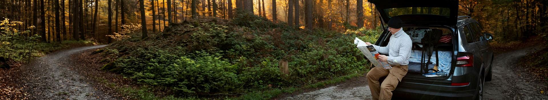 Man with sustainable car in forest