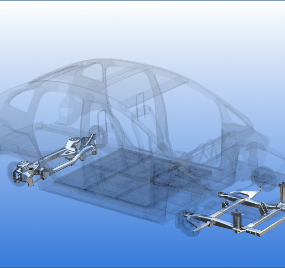 Chassis and suspension parts in situ in a 3D drawing of a car frame Chassis and suspension parts in situ in a 3D drawing of a car frame