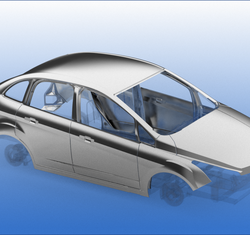 Automotive vehicle frame showing outer panels Automotive vehicle frame showing outer panels
