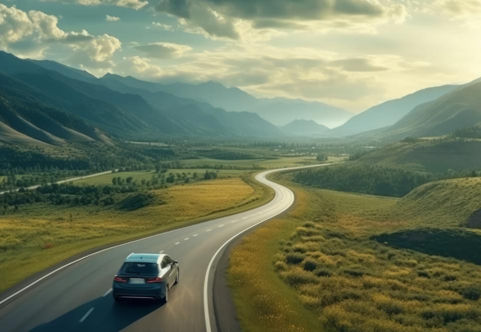 Car driving towards the horizon in a landscape with mountains and clouds 