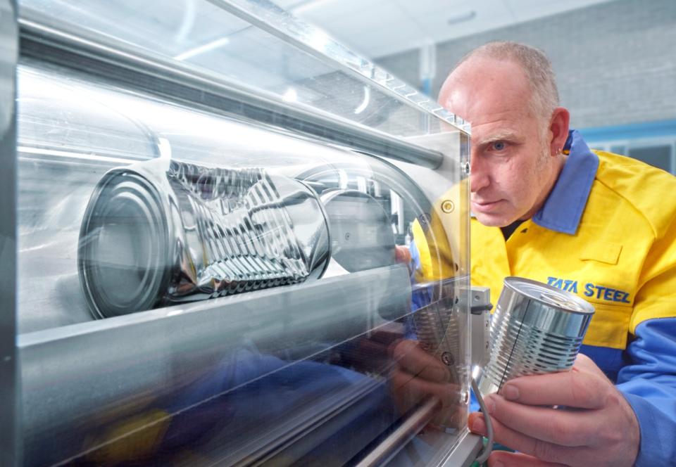 Tata Steel employee testing steel packaging