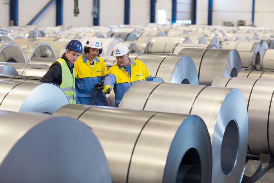 Tata Steel employees viewing coils at the distribution and processing centre in Halmstad